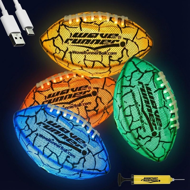 WaveRunner Glow in The Dark LED Football - Junior Size Waterproof Light Up Football, Type-C Rechargeable with Pump, Outdoor Sports Toy for Kids, Teens, and Adults - Image 1